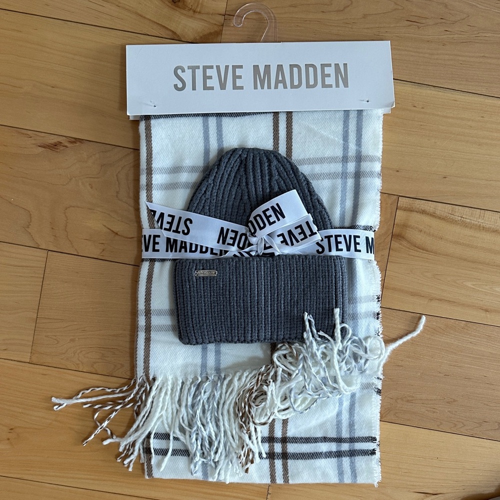 Steve Madden Charcoal Beanie and Cream Plaid Scarf Set